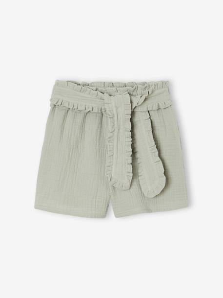 Cotton gauze shorts with a fancy belt for girls sage green 