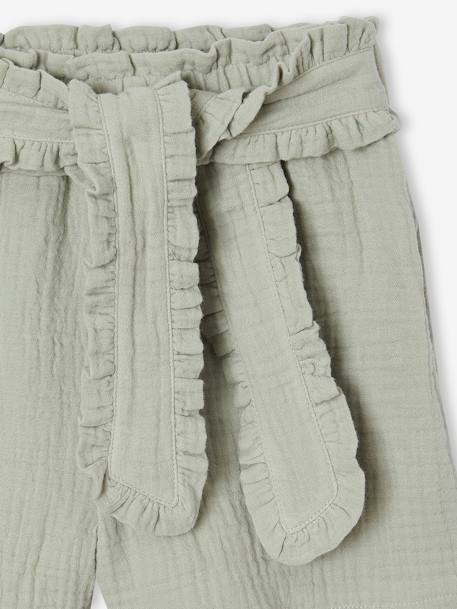 Cotton gauze shorts with a fancy belt for girls sage green 