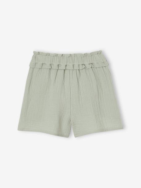 Cotton gauze shorts with a fancy belt for girls sage green 