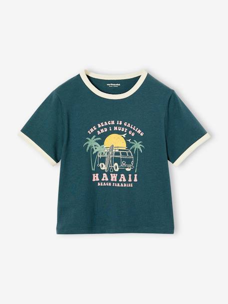 Girls' cropped college-style T-shirt ink blue 