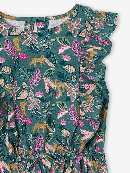 Printed frilled-sleeve dress for girls emerald green+pale pink+printed white 