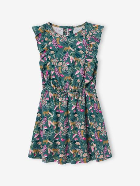 Printed frilled-sleeve dress for girls emerald green+pale pink+printed white 