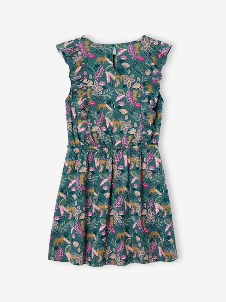 Printed frilled-sleeve dress for girls emerald green+pale pink+printed white 