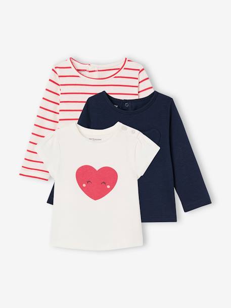 Pack of 3 long-sleeved t-shirts for girls - BASICS ecru+striped red 