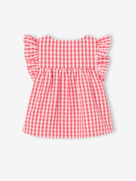 Short Sleeve Gingham Blouse with Frill in Seersucker for Babies chequered red 