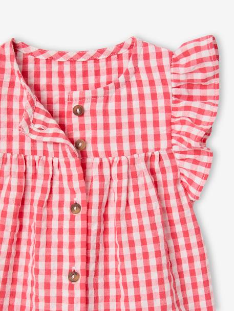 Short Sleeve Gingham Blouse with Frill in Seersucker for Babies chequered red 