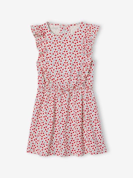 Printed frilled-sleeve dress for girls emerald green+vanilla 