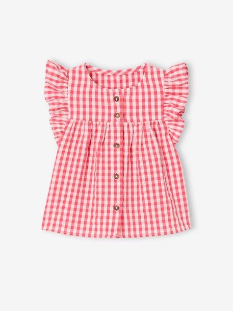 Short Sleeve Gingham Blouse with Frill in Seersucker for Babies chequered red 