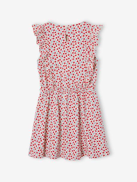Printed frilled-sleeve dress for girls emerald green+vanilla 