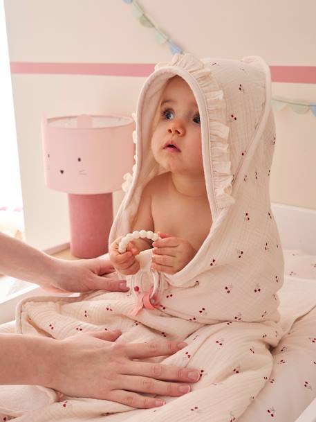 Hooded towel + washcloth CHERRY printed beige 