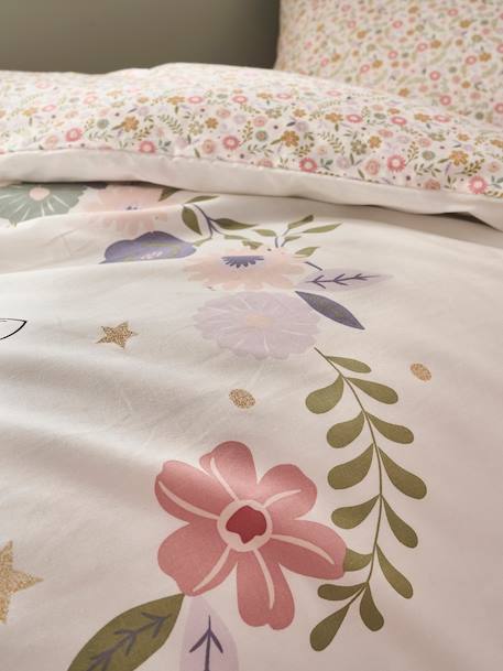Duvet Cover + Pillowcase Set with Recycled Cotton for Children, Little Unicorn printed white 