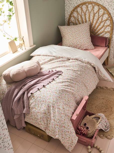 Duvet Cover + Pillowcase Set with Recycled Cotton for Children, Little Unicorn printed white 
