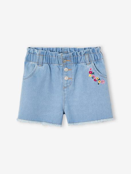 Oversized floral embroidered denim shorts for girls light blue 
