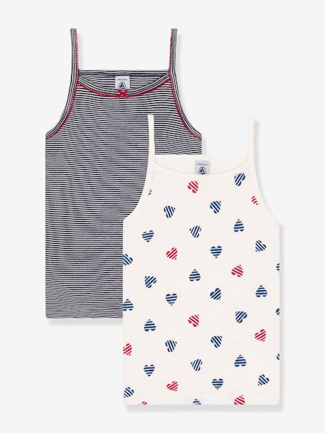Pack of 2 Cotton Heart Print Cami Tops for Children, PETIT BATEAU white 