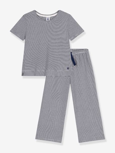 Striped, Short Sleeve Pyjamas for Children, Wide Legs, PETIT BATEAU navy blue 