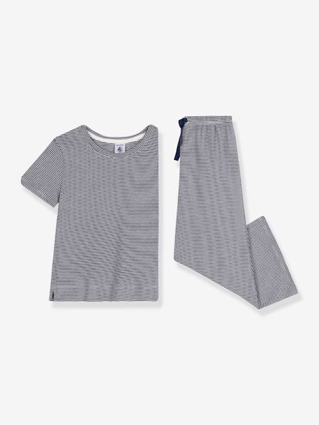 Striped, Short Sleeve Pyjamas for Children, Wide Legs, PETIT BATEAU navy blue 