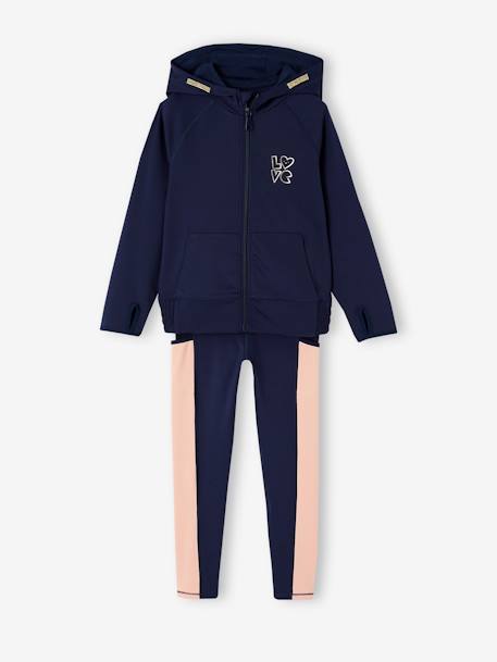 Technical fabric hooded sweatshirt and leggings set for girls navy blue 