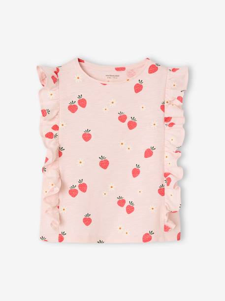 Frilly strawberry print T-shirt for girls pale pink 