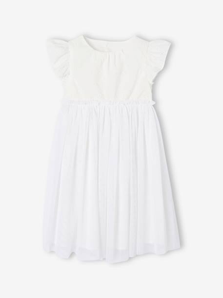 Dual Fabric Occasion Wear Dress in Broderie Anglaise & Tulle, for Girls white 