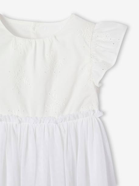 Dual Fabric Occasion Wear Dress in Broderie Anglaise & Tulle, for Girls white 