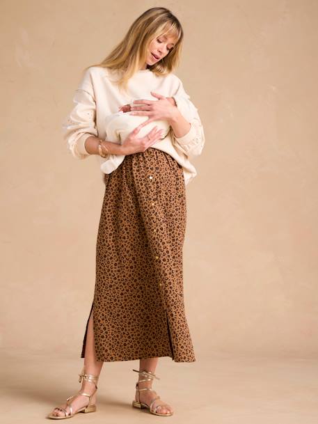 Long Skirt in Cotton Gauze for Maternity, ENVIE DE FRAISE beige+green 
