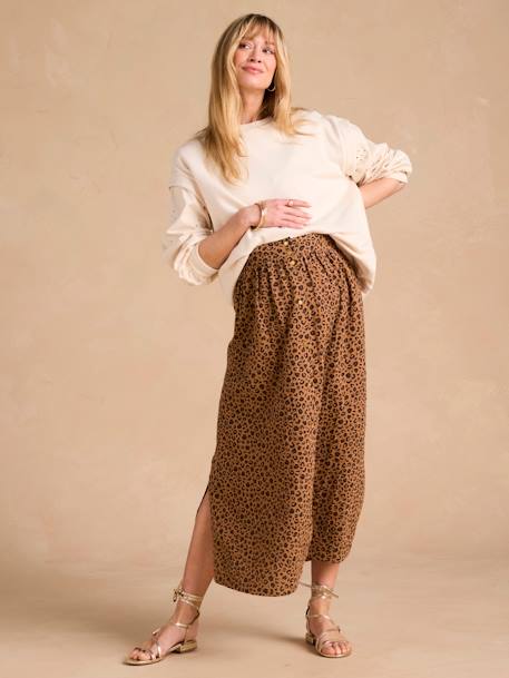 Long Skirt in Cotton Gauze for Maternity, ENVIE DE FRAISE beige+green 