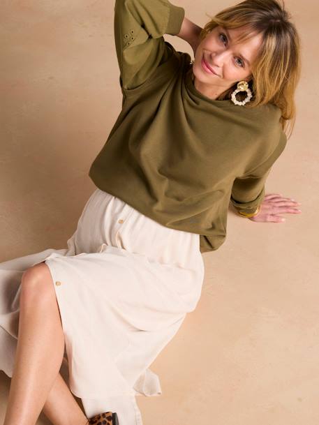 Sweatshirt with Dual Fabric Openwork Sleeves for Maternity, by ENVIE DE FRAISE khaki+sandy beige 