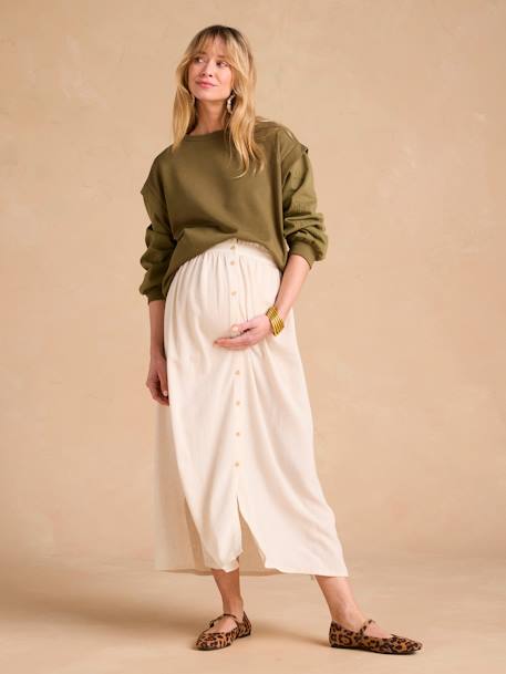 Sweatshirt with Dual Fabric Openwork Sleeves for Maternity, by ENVIE DE FRAISE khaki+sandy beige 