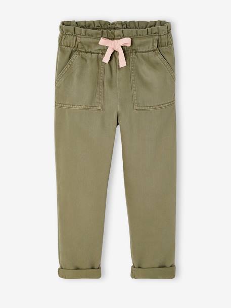 Fluid Paperbag-Style Trousers for Girls khaki+rose 