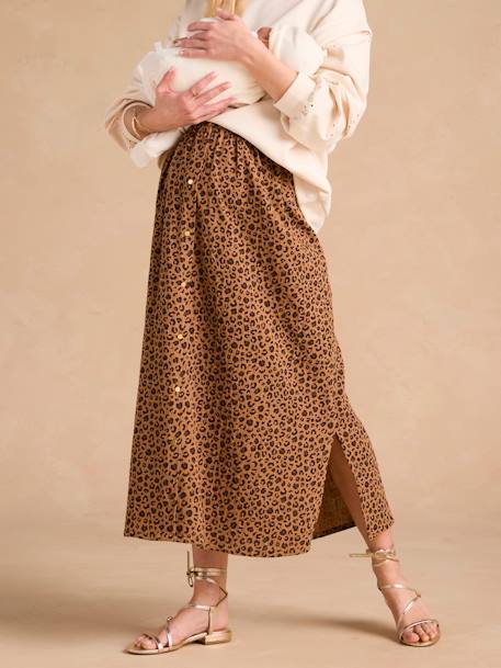 Long Skirt in Cotton Gauze for Maternity, ENVIE DE FRAISE beige+green 