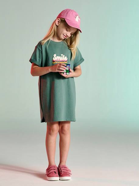 Girls' dress in lightweight fleece green+marl grey+sage green+striped blue 