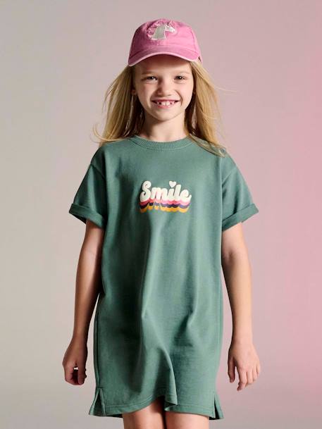 Girls' dress in lightweight fleece green+marl grey+sage green+striped blue 