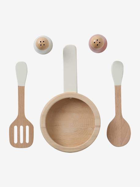 Wooden kitchen with FSC100® wooden accessories ecru+rose+sage green 