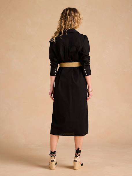 Long Linen-Effect Cotton Shirt Dress For Pregnancy & Nursing, ENVIE DE FRAISE black+striped blue 