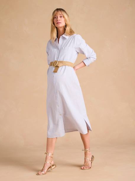 Long Linen-Effect Cotton Shirt Dress For Pregnancy & Nursing, ENVIE DE FRAISE black+striped blue 