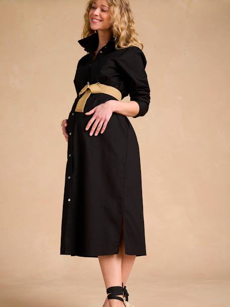 Long Linen-Effect Cotton Shirt Dress For Pregnancy & Nursing, ENVIE DE FRAISE black+striped blue 