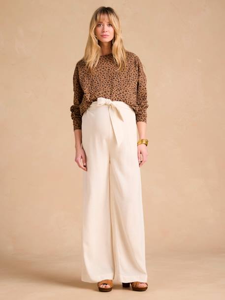 Wide-Leg Trousers in Lightweight Linen Blend for Maternity by ENVIE DE FRAISE beige 