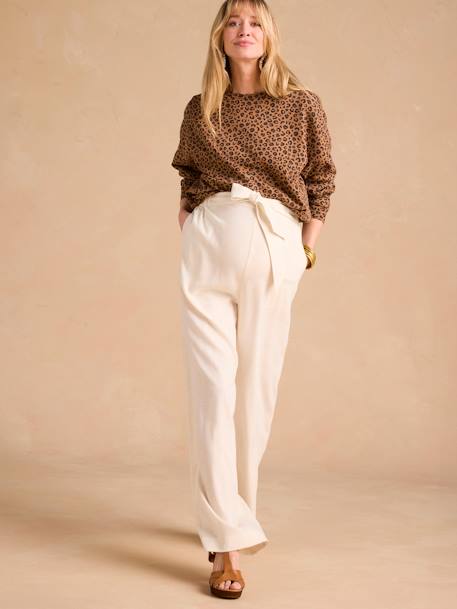 Wide-Leg Trousers in Lightweight Linen Blend for Maternity by ENVIE DE FRAISE beige 