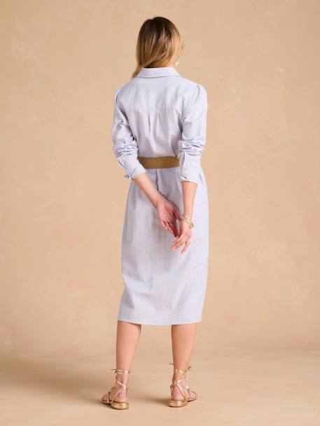 Long Linen-Effect Cotton Shirt Dress For Pregnancy & Nursing, ENVIE DE FRAISE black+striped blue 