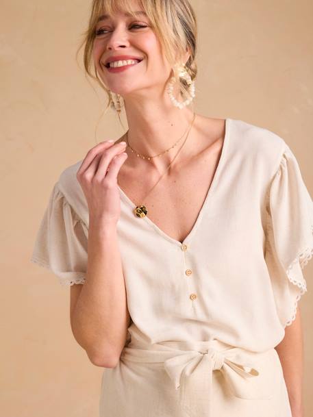 Linen Blouse for Maternity & Nursing by ENVIE DE FRAISE beige+khaki 