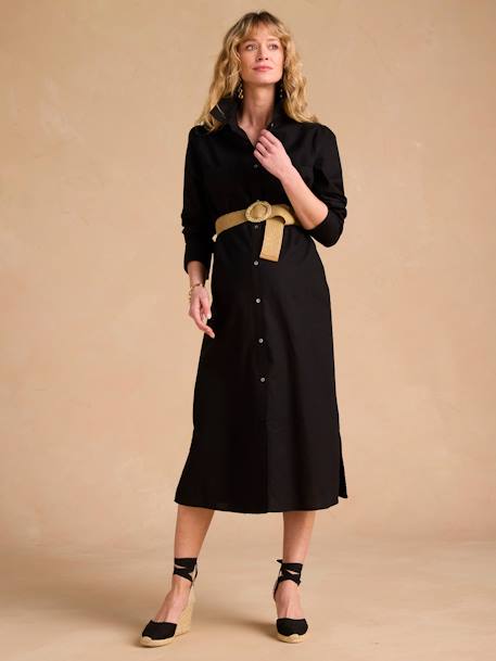 Long Linen-Effect Cotton Shirt Dress For Pregnancy & Nursing, ENVIE DE FRAISE black+striped blue 