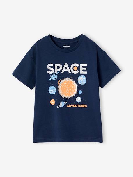Boys' sparkly space print T-shirt almond green+night blue 