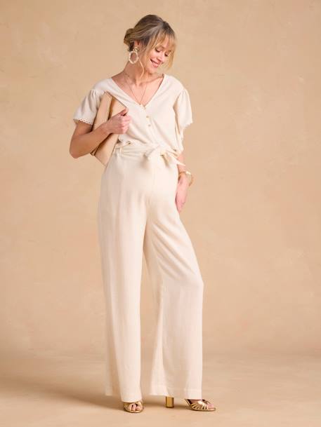 Linen Blouse for Maternity & Nursing by ENVIE DE FRAISE beige+khaki 