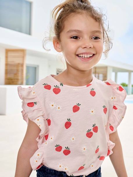 Frilly strawberry print T-shirt for girls pale pink 