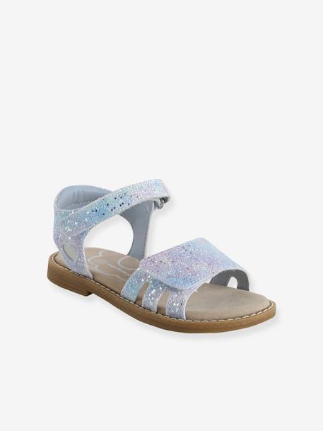 Glittery Hook-and-Loop Sandals for Girls printed white+set blue 