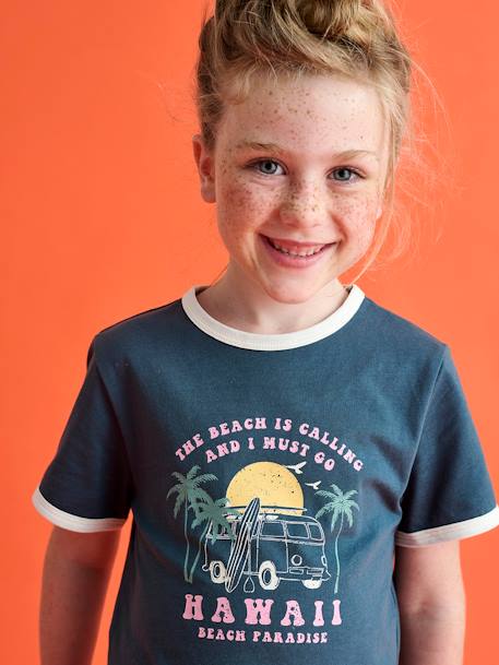 Girls' cropped college-style T-shirt ink blue 