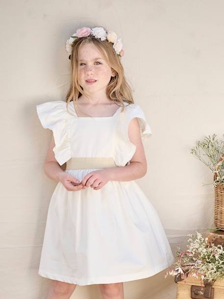 Occasion Wear Dress with Golden Sash for Girls blush+white 
