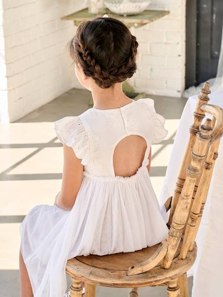Dual Fabric Occasion Wear Dress in Broderie Anglaise & Tulle, for Girls white 