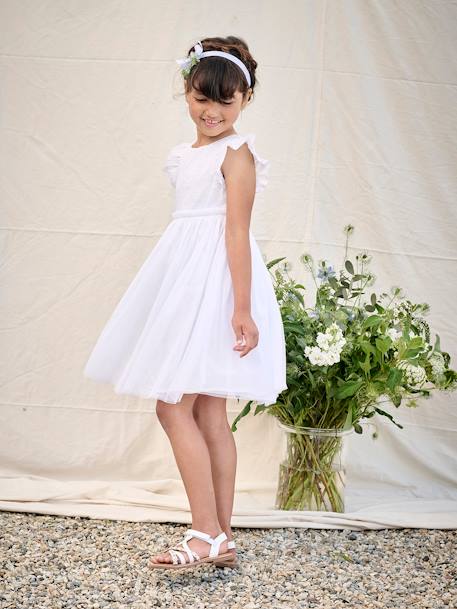Dual Fabric Occasion Wear Dress in Broderie Anglaise & Tulle, for Girls white 