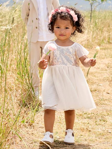 Short Sleeve Dress with Button-Up & Sequins at the Back white 